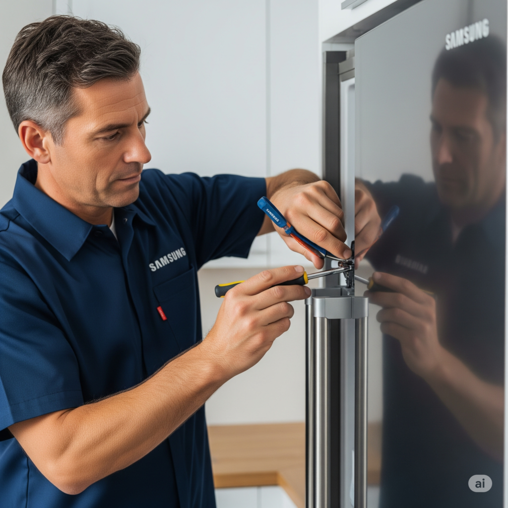 Técnico reparando un refrigerador Samsung en Panamá