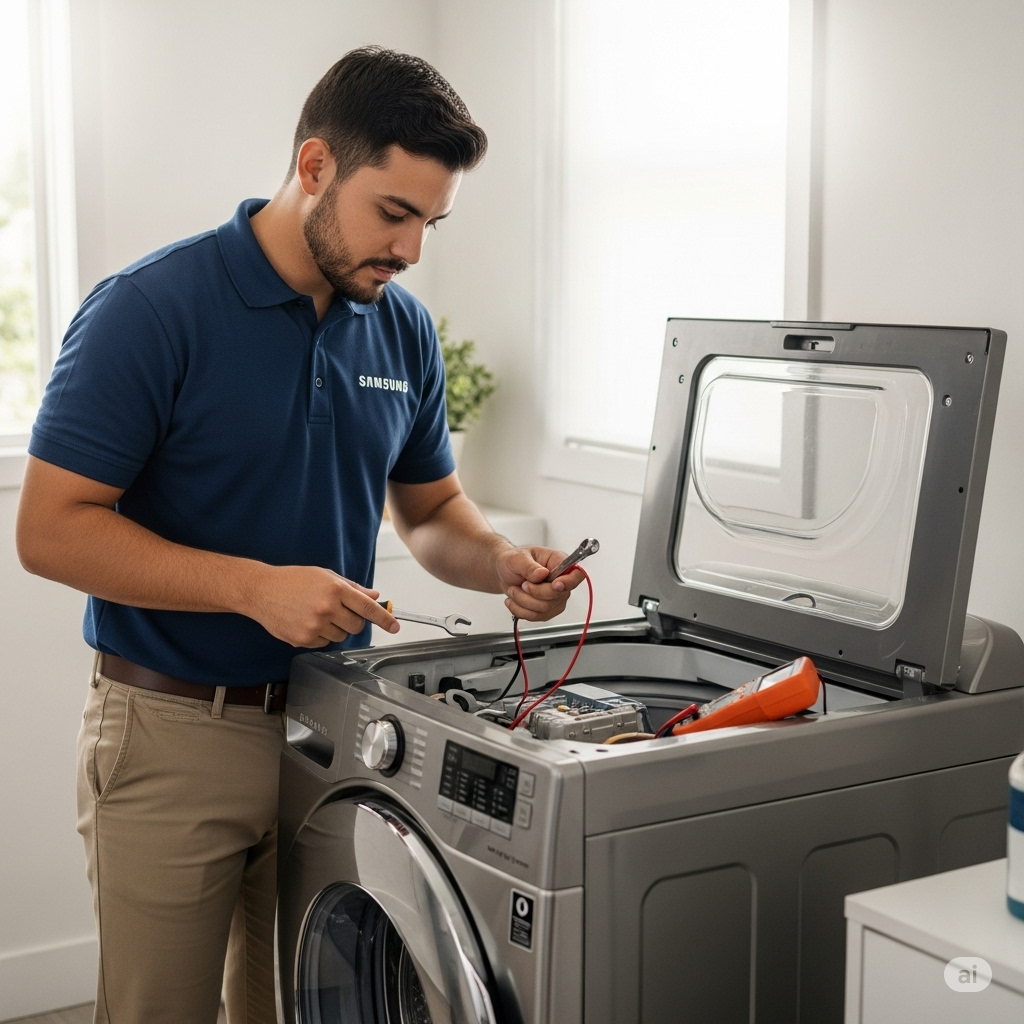 Técnico reparando una lavadora Samsung en Panamá