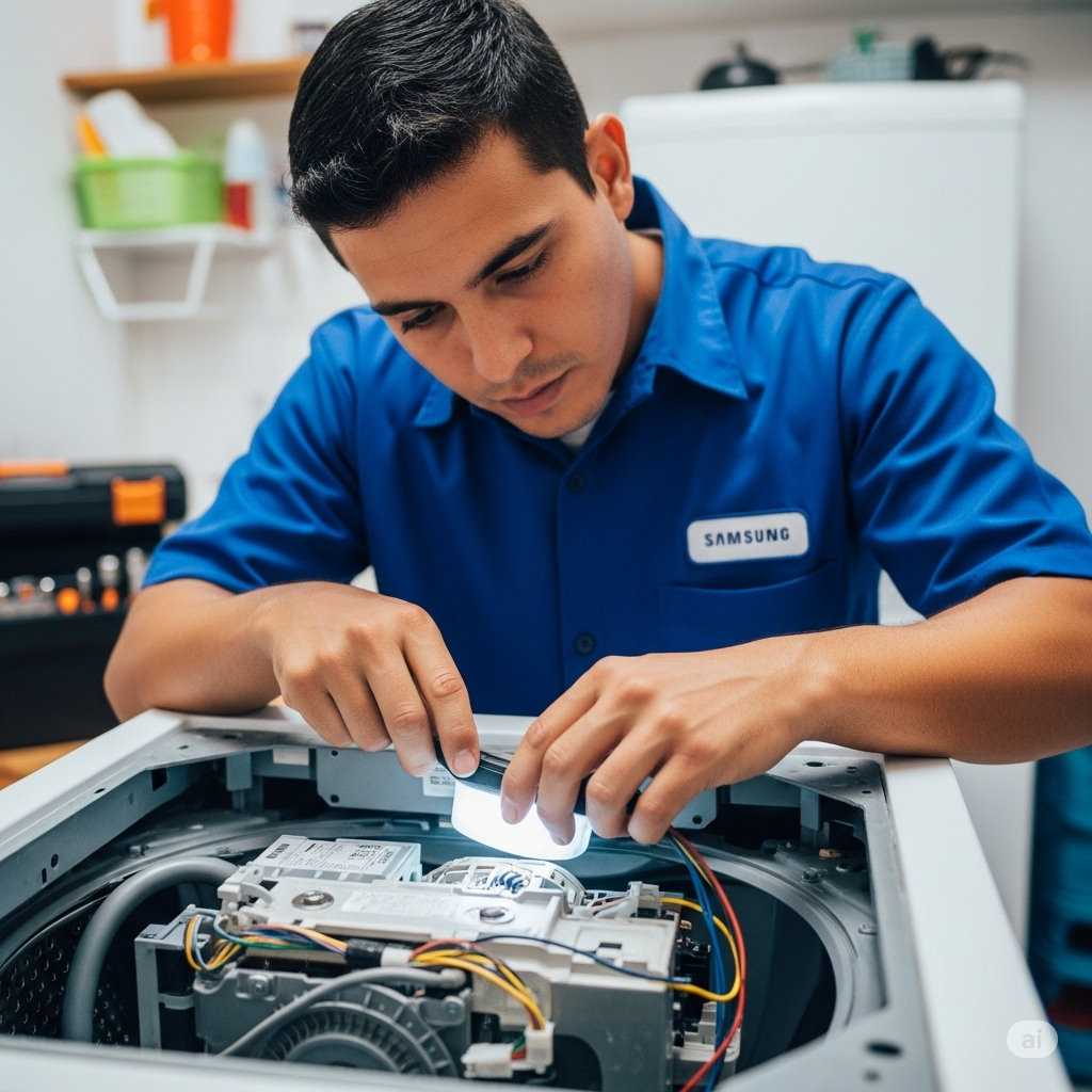 Técnico realizando mantenimiento preventivo a un electrodoméstico Samsung